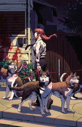 Rule 34 | 1girl, arm behind back, ass, black necktie, blood, blood splatter, braid, chainsaw man, dog, floating hair, flower, highres, holding, holding leash, house, huge ass, husky, irahi, leash, long hair, looking at viewer, looking to the side, makima (chainsaw man), necktie, night, outdoors, profile, red hair, shirt, sidelocks, standing, white shirt