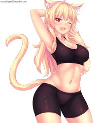Rule 34 | 1girl, animal ear fluff, animal ears, arm up, armpits, bike shorts, blonde hair, breasts, cat ears, cat tail, cleavage, cowboy shot, highres, large breasts, long hair, looking at viewer, midriff, navel, nottytiffy, one eye closed, original, red eyes, simple background, solo, sports bra, standing, tail, tiffy (nottytiffy), watermark, web address, yawning
