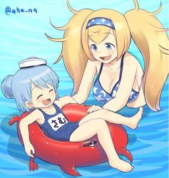 Rule 34 | 2girls, aged down, ahenn, bare shoulders, bikini, blonde hair, blue eyes, blue hair, breasts, cleavage, commentary request, double bun, enemy lifebuoy (kancolle), eyebrows, closed eyes, gambier bay (kancolle), hair between eyes, hair bun, happy, hat, headband, kantai collection, long hair, multiple girls, open mouth, playing, samuel b. roberts (kancolle), short hair, single hair bun, swimsuit, twintails, twitter username, very long hair, water
