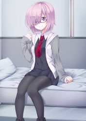 Rule 34 | 1girl, bed, black-framed eyewear, black dress, black pantyhose, blush, closed mouth, collared dress, commentary request, dress, eyes visible through hair, fate/grand order, fate (series), glasses, grey hoodie, hair over one eye, head tilt, highres, hood, hood down, hoodie, long sleeves, looking at viewer, mash kyrielight, necktie, open clothes, open hoodie, pantyhose, pillow, pink hair, pleated dress, purple eyes, red necktie, shefu, sitting, sleeves past wrists, smile, solo