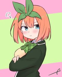 Rule 34 | 1girl, :t, black jacket, blue eyes, blush, breasts, closed mouth, commentary request, crossed arms, eyebrows hidden by hair, from side, go-toubun no hanayome, green background, green ribbon, hair between eyes, hair ribbon, highres, jacket, kujou karasuma, looking at viewer, looking to the side, medium breasts, nakano yotsuba, orange hair, pink background, pout, ribbon, signature, solo, sweater vest, two-tone background, upper body