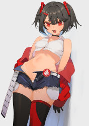 Rule 34 | 1girl, :d, absurdres, arms at sides, asymmetrical legwear, badge, bare shoulders, beijuu, belt, beni-chan (beijuu), black choker, black gloves, black hair, black thighhighs, blue shorts, blunt bangs, breasts, button badge, choker, clothes down, collarbone, collared jacket, cowboy shot, crop top, cutoff jeans, cutoffs, denim, denim shorts, dutch angle, exposed pocket, fang, from below, gloves, grey background, hair between eyes, hair ornament, hairclip, highleg, highleg panties, highres, jacket, leaning back, long sleeves, midriff, mismatched legwear, navel, open fly, open mouth, original, panties, panty peek, panty straps, partially unbuttoned, puffy long sleeves, puffy sleeves, red eyes, red jacket, red thighhighs, revealing clothes, short hair, short shorts, short twintails, shorts, simple background, skin fang, skindentation, sleeveless, small breasts, smile, solo, standing, stomach, swept bangs, thick thighs, thighhighs, thighs, tongue, triangle hair ornament, twintails, two-tone legwear, underwear, unzipped, white belt, white panties, wide hips, wing collar, zipper pull tab