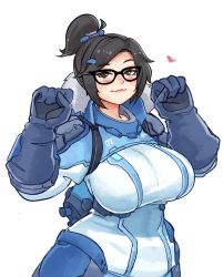 Rule 34 | 1girl, animification, black-framed eyewear, boots, breasts, brown hair, coat, commentary, fur boots, fur coat, gloves, hair bun, hair ornament, hair stick, heart, highres, huge breasts, looking at viewer, medium hair, mei (overwatch), mochi (chain csn), overwatch, overwatch 1, overwatch 2, parka, single hair bun, solo, symbol-only commentary, winter clothes, winter coat
