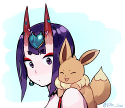 Rule 34 | 1girl, :d, blue background, closed eyes, closed mouth, commentary request, creatures (company), crossover, earrings, eevee, eyeshadow, facing viewer, fate/grand order, fate (series), from side, game freak, gen 1 pokemon, horns, idk-kun, jewelry, makeup, nintendo, oni, open mouth, pokemon, pokemon (creature), purple eyes, purple hair, short eyebrows, short hair, shuten douji (fate), smile, thick eyebrows, twitter username, voice actor connection, yuuki aoi