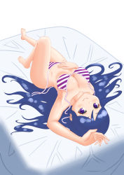 Rule 34 | 1girl, absurdres, artist name, artist request, bare legs, bare shoulders, barefoot, bed, bikini, blue hair, blush, breasts, cleavage, collarbone, curly hair, feet, female focus, full body, hair between eyes, hand on stomach, highres, kagaku asahiro, leg up, long hair, looking at viewer, love live!, love live! sunshine!!, matsuura kanan, medium breasts, parted lips, purple bikini, purple eyes, smile, solo, striped bikini, striped clothes, swimsuit, toes, upside-down, white background