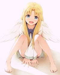 Rule 34 | 1girl, :d, asou (asabu202), bare legs, barefoot, between legs, blonde hair, blue bow, blue bowtie, bow, bowtie, commentary request, dress, feathered wings, feet, filo (tate no yuusha no nariagari), frilled sleeves, frills, hand between legs, highres, long hair, long sleeves, looking at viewer, open mouth, sitting, smile, solo, tate no yuusha no nariagari, toes, very long hair, white dress, white wings, wings