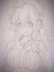 Rule 34 | 1girl, breasts, hair ornament, hair ribbon, headphones, large breasts, lineart, long hair, looking at viewer, monochrome, nitroplus, open mouth, ribbon, sketch, smile, solo, super sonico, tsuji santa