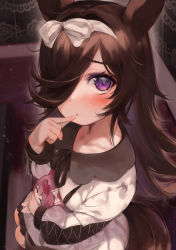 Rule 34 | 1girl, animal ears, black ribbon, blush, breasts, brown hair, character doll, doll, dress, finger to mouth, from above, hair over one eye, hairband, haru urara (umamusume), highres, holding, holding doll, horse ears, horse girl, horse tail, long hair, long sleeves, looking at viewer, parted lips, purple eyes, ribbon, rice shower (umamusume), sitting, solo, tail, torriet, umamusume, white dress, white hairband