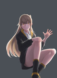 Rule 34 | absurdres, black background, black footwear, black jacket, black skirt, brown hair, collared shirt, commentary request, copycat001, girls&#039; frontline, highres, jacket, legs, long hair, outstretched hand, scar, scar across eye, scar on face, shirt, simple background, skirt, smile, solo, ump45 (girls&#039; frontline), white shirt, yellow eyes