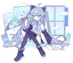 Rule 34 | 1girl, :3, ahoge, black thighhighs, blue eyes, blue hair, blue necktie, blue theme, closed mouth, collared shirt, controller, detached sleeves, full body, game controller, grey shirt, hair ornament, hatsune miku, hatsushiro mamimu, holding, long hair, looking at viewer, mouse (computer), necktie, shirt, sitting, smile, solo, speaker, thighhighs, twintails, very long hair, vocaloid, window