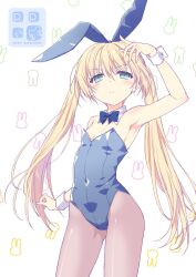 Rule 34 | 1girl, animal ears, aqua eyes, arm up, armpits, black pantyhose, blonde hair, blue bow, blue bowtie, blue leotard, blush, bow, bowtie, breasts, character request, closed mouth, commentary request, copyright request, covered navel, cowboy shot, detached collar, fake animal ears, hair between eyes, highleg, highleg leotard, highres, kokonobi, leotard, long hair, looking up, pantyhose, petite, playboy bunny, rabbit ears, small breasts, solo, strapless, strapless leotard, wrist cuffs