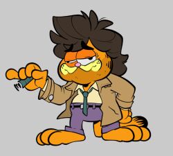 Rule 34 | animal, brown hair, cat, cigar, clothed animal, collared shirt, columbo, lieutenant columbo, commentary, english commentary, full body, fusion, garfield, garfield (character), green necktie, grey background, half-closed eyes, holding, holding cigar, jacket, jetpackbraggin, male focus, necktie, open clothes, open jacket, pants, purple pants, shirt, simple background, wall-eyed