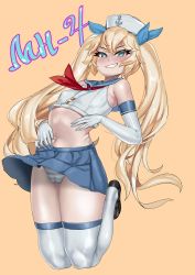 Rule 34 | 1girl, a pg, bad id, bad pixiv id, blonde hair, blue eyes, blush, breasts, cameltoe, covered erect nipples, elbow gloves, gloves, grin, hat, last origin, looking at viewer, midriff, navel, panties, pleated skirt, sailor collar, simple background, skirt, small breasts, smile, smug, solo, striped clothes, striped panties, symbol-shaped pupils, thetis (last origin), thighhighs, twintails, underwear, white gloves, white thighhighs, yellow background