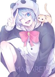 Rule 34 | 1boy, animal, animal ears, animal hood, animal on shoulder, artist name, blue eyes, blue hair, cat, character request, commentary, commentary request, fake animal ears, highres, hood, hood up, indie virtual youtuber, long sleeves, looking at viewer, male focus, one eye closed, open mouth, reian, simple background, solo, teeth, upper teeth only, v, virtual youtuber