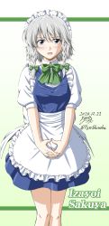 Rule 34 | 1girl, apron, blue eyes, blue skirt, blue vest, blush, braid, breasts, character name, commentary request, dated, feet out of frame, gradient background, green background, hair between eyes, hair ribbon, highres, interlocked fingers, izayoi sakuya, looking at viewer, maid headdress, medium breasts, neck ribbon, open mouth, own hands together, puffy short sleeves, puffy sleeves, ribbon, shino-puchihebi, shirt, short hair, short sleeves, signature, silver hair, skirt, solo, standing, touhou, tress ribbon, twin braids, twitter username, v arms, vest, waist apron, white shirt
