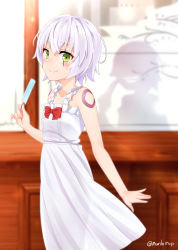Rule 34 | 1girl, alternate costume, bare shoulders, blush, bow, closed mouth, collarbone, different shadow, dress, fate/apocrypha, fate (series), food, frills, green eyes, holding, holding food, jack the ripper (fate/apocrypha), looking at viewer, murio, outdoors, popsicle, red bow, scar, scar across eye, scar on face, short hair, shoulder tattoo, silhouette, silver hair, sleeveless, sleeveless dress, smile, solo, sundress, tattoo, twitter username, upper body