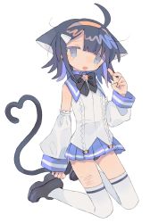 Rule 34 | :d, ahoge, animal ears, arm at side, black bow, black footwear, black hair, black neckwear, black panties, blue eyes, blue sailor collar, blue skirt, blunt bangs, bow, bowtie, cat ears, cat girl, cat tail, clenched hand, collared shirt, cuts, daizu (melon-lemon), detached sleeves, eyes visible through hair, from side, full body, gradient eyes, hair between eyes, hair ornament, hairband, hairclip, hand up, head tilt, heart, heart tail, high collar, highres, injury, kneeling, long sleeves, looking at viewer, looking to the side, microskirt, multicolored eyes, no nose, open mouth, original, panties, panty peek, pleated skirt, puffy long sleeves, puffy sleeves, sailor collar, self-harm, self harm, shirt, short hair, simple background, skirt, sleeve cuffs, sleeveless, sleeveless shirt, smile, star (symbol), tail, tail raised, tearing up, tears, thighhighs, underwear, v, white background, white shirt, white sleeves, white thighhighs