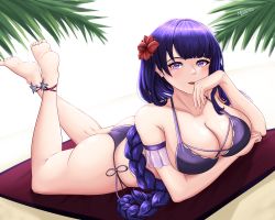 Rule 34 | 1girl, absurdres, ankle ribbon, arm strap, arm under breasts, barefoot, beach, bikini, blush, braid, breasts, cleavage, collarbone, elbow rest, feet up, flower, genshin impact, hair flower, hair ornament, hat, highres, large breasts, leg ribbon, looking at viewer, low-braided long hair, low-tied long hair, lying, mole, mole under eye, musanix, on stomach, open mouth, palm leaf, purple bikini, purple eyes, purple hair, raiden shogun, ribbon, side-tie bikini bottom, signature, smile, solo, sun hat, swimsuit, toes