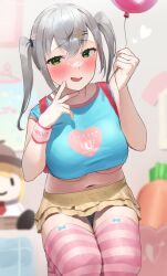 Rule 34 | 1girl, :d, areola slip, backpack, bag, balloon, black panties, blush, breasts, character doll, frikulu, green eyes, grey hair, hair ornament, hairclip, highres, hololive, hololive english, large areolae, large breasts, long hair, looking at viewer, midriff, navel, open mouth, panties, randoseru, shirogane noel, skirt, smile, smol ame, solo, striped clothes, striped thighhighs, thighhighs, twintails, underboob, underwear, virtual youtuber, watson amelia