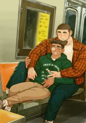 Rule 34 | 2boys, absurdres, animal ears, arm hair, bara, blush, brown hair, brown pants, buzz cut, chinstrap beard, closed eyes, couple, denim, dog boy, dog ears, eyebrow cut, eyepatch, facial hair, feet out of frame, green hoodie, highres, hood, hoodie, hug, hug from behind, inuyama masato (shan), jeans, kumano daigo (shan), male focus, medical eyepatch, multiple boys, muscular, muscular male, open clothes, open shirt, original, pants, plaid, plaid shirt, shan (shanshankuo), shirt, shoes, short hair, sideburns, sitting, size difference, smile, sneakers, subway, thick eyebrows, thick thighs, thighs, very short hair, yaoi