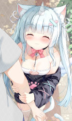 Rule 34 | 1boy, 1girl, ^ ^, absurdres, animal ear fluff, animal ears, arlene (ju), bare shoulders, black sweater, blush, bow, breasts, cat ears, cat girl, cat lingerie, cat tail, closed eyes, closed mouth, collarbone, day, closed eyes, facing viewer, frills, grey hair, grey shirt, hair ornament, hair ribbon, hairclip, highres, horns, indie virtual youtuber, long hair, meme attire, ninico (vtuber), off-shoulder sweater, off shoulder, out of frame, outdoors, pink bow, ribbon, shirt, short sleeves, single horn, small breasts, solo focus, sparkle, sweater, tail, thighhighs, twintails, very long hair, virtual youtuber, white ribbon, white thighhighs, x hair ornament
