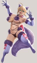 Rule 34 | 1girl, ahoge, animal ear fluff, animal ears, aqua eyes, armpits, arms up, artoria pendragon (fate), artoria pendragon (lancer) (fate), bare shoulders, blonde hair, blush, bow, braid, breasts, cameltoe, cosplay, elbow gloves, fate/grand order, fate (series), french braid, full body, fur-trimmed gloves, fur-trimmed legwear, fur collar, fur trim, gloves, gluteal fold, grey background, hair between eyes, highres, large breasts, looking at viewer, mash kyrielight, mash kyrielight (dangerous beast), mash kyrielight (dangerous beast) (cosplay), midair, navel, official alternate costume, open mouth, pink bow, purple gloves, short hair with long locks, sidelocks, simple background, solo, stomach, tail, thighhighs, underboob, wolf ears, wolf tail, yamaneko (tkdrumsco)