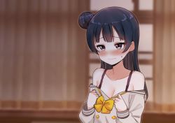 Rule 34 | 1girl, black hair, blue hair, blurry, blurry background, blush, bow, bra, breasts, cleavage, collarbone, commentary, deadnooodles, hair bun, hands up, long hair, long sleeves, love live!, love live! sunshine!!, purple eyes, red eyes, school uniform, single hair bun, solo, symbol-only commentary, tearing up, tsushima yoshiko, underwear, upper body, uranohoshi school uniform, yellow bow