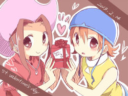 Rule 34 | 2girls, box, brown background, brown eyes, brown hair, card, dated, digimon, digimon adventure, english text, gift, gift box, hat, heart, heart-shaped pupils, helmet, holding, holding gift, looking at viewer, multiple girls, oosuzu aoi, ribbon, simple background, symbol-shaped pupils, tachikawa mimi, takenouchi sora, valentine