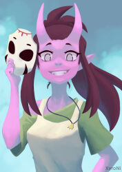 Rule 34 | 1girl, black hair, breasts, closed mouth, colored skin, green shirt, grey eyes, highres, holding, horns, jewelry, kora (xyronii), long hair, looking at viewer, mask, medium breasts, neck, necklace, nose, open mouth, original, pointy ears, ponytail, purple skin, shirt, sidelocks, simple background, sky, smile, solo, tank top, unworn mask, white tank top, xyronii