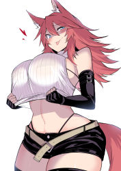 Rule 34 | 1girl, absurdres, animal ears, belt, black gloves, black shorts, blue eyes, blush, breasts, closed mouth, clothes pull, crop top, cropped sweater, elbow gloves, fingerless gloves, firo (shun soku), fox ears, fox girl, fox tail, gloves, hair between eyes, half-closed eyes, heart, highres, large breasts, looking at viewer, messy hair, midriff, navel, original, pink hair, red hair, ribbed sweater, see-through, short shorts, shorts, shun soku, simple background, sleeveless, smile, solo, sweater, sweater pull, tail, thighhighs, tongue, tongue out, white background, white sweater