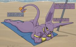 Rule 34 | 1girl, absurdres, ass, beach, beerus, breasts, colored skin, dragon ball, dragon ball super, ear piercing, english text, furry, genderswap, highres, huge ass, large breasts, lying, muscular, nude, on stomach, outdoors, piercing, purple skin, sideboob, thick thighs, thighs, towel