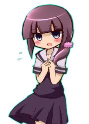 1girl aroyon blue_eyes blush female_focus inazuma_eleven inazuma_eleven_(series) inazuma_eleven_go kousaka_yukie long_hair purple_hair school_uniform serafuku shy side_ponytail simple_background solo