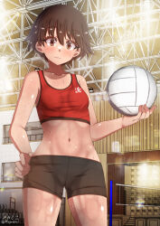 Rule 34 | 1girl, :3, bike shorts, black shorts, blush, breasts, brown eyes, brown hair, closed mouth, girls und panzer, highres, isobe noriko, looking at viewer, megadeko, midriff, navel, red tank top, short hair, shorts, small breasts, smile, solo, sweat, tank top, volleyball