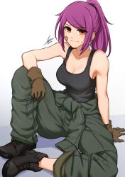 Rule 34 | 1girl, airisubaka, bandaid, bandaid on face, bare arms, bare shoulders, black footwear, black tank top, blue pants, blush, boots, breasts, brown eyes, cleavage, collarbone, commentary, english commentary, gloves, green pants, hand on own knee, highres, large breasts, leah (airisubaka), looking at viewer, original, pants, ponytail, purple hair, signature, simple background, sitting, smile, solo, tank top, white background