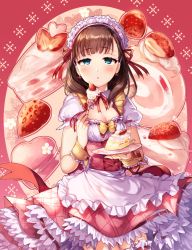 Rule 34 | 1girl, absurdres, apron, blue eyes, breasts, brown hair, cake, cleavage, corset, cowboy shot, earrings, expressionless, food, fork, frilled apron, frills, fruit, heart, heart earrings, highres, holding, holding plate, idolmaster, idolmaster cinderella girls, idolmaster cinderella girls starlight stage, jewelry, jitome, lgw7, looking at viewer, macaron, maid headdress, medium breasts, pink background, pink skirt, plate, puffy sleeves, sakuma mayu, short hair, skirt, solo, strawberry, strawberry shortcake, swiss roll, white apron, wrist cuffs