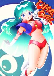 Rule 34 | 1980s (style), 1girl, absurdres, blowing kiss, blue eyes, breasts, cleavage, gloves, green hair, heart, highres, kirishima reika, large breasts, legs, long hair, looking at viewer, midriff, navel, oldschool, open mouth, retro artstyle, solo, taito, thighs, time gal