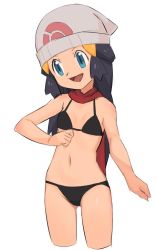 Rule 34 | 1girl, beanie, blue eyes, blue hair, breasts, creatures (company), dawn (pokemon), game freak, groin, hair ornament, hat, long hair, nintendo, nyonn24, open mouth, pokemon, pokemon dppt, scarf, simple background, small breasts, smile, solo, swimsuit, white background