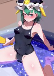 Rule 34 | 1girl, alternate costume, asymmetrical hair, barefoot, black hat, black one-piece swimsuit, blue eyes, blush, breasts, cameltoe, commentary request, covered erect nipples, frilled hat, frills, full body, green hair, hair between eyes, hat, highres, looking at viewer, one-piece swimsuit, open mouth, partially submerged, pool, rod of remorse, shiki eiki, short hair, sideboob, small breasts, solo, swimsuit, touhou, wading pool, water, yocchi (tenyunkel)