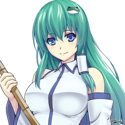 Rule 34 | 1girl, bare shoulders, blue eyes, breasts, detached sleeves, frog hair ornament, green hair, h-new, hair ornament, kochiya sanae, large breasts, long hair, looking at viewer, shirt, simple background, smile, solo, touhou, upper body, very long hair, white background