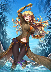 Rule 34 | adsouto, ahoge, belt, blonde hair, clothing cutout, coat, fingerless gloves, gauntlets, gloves, highres, long hair, navel cutout, open mouth, palm tree, pants, prosthesis, prosthetic arm, purple eyes, rwby, solo, splashing, spoilers, tree, wading, water, yang xiao long