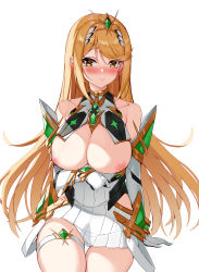 Rule 34 | 1girl, absurdres, arm under breasts, bare shoulders, blonde hair, blush, breasts, circlet, cleavage, closed mouth, dress, elbow gloves, gloves, highres, inverted nipples, invisible chair, large breasts, leg strap, looking at viewer, mythra (xenoblade), panties, sitting, sleeveless, sleeveless dress, solo, thigh strap, thighs, underwear, white background, white dress, white gloves, white panties, xenoblade chronicles (series), xenoblade chronicles 2, yellow eyes, yuxian youka