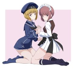 Rule 34 | 10s, 2girls, apron, black apron, black neckerchief, blonde hair, blue dress, blue hat, blue legwear, blunt bangs, blush, brown eyes, brown hair, brown vest, character name, closed mouth, clothes writing, cosplay, costume switch, creator connection, cutlass (girls und panzer), cutlass (girls und panzer) (cosplay), dress, expressionless, frilled apron, frills, full body, girls und panzer, hat, highres, holding hands, interlocked fingers, kantai collection, kneeling, kurihara kenshirou, long sleeves, look-alike, looking at viewer, looking to the side, maid headdress, multiple girls, neckerchief, no shoes, pink background, sailor dress, short dress, short hair, thighs, vest, waist apron, white dress, yellow eyes, z3 max schultz (kancolle), z3 max schultz (kancolle) (cosplay)