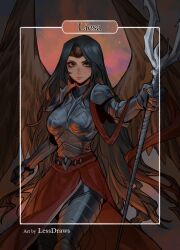 Rule 34 | 1girl, armor, armored boots, artist name, black hair, blush, boots, breastplate, brown wings, character name, clenched hand, closed mouth, expressionless, feathered wings, female focus, full armor, gauntlets, highres, holding, holding staff, less, liesa (magic: the gathering), long hair, long skirt, magic: the gathering, night, parted hair, plate armor, red background, red skirt, shoulder plates, skirt, solo, staff, star (symbol), starry background, thighhighs, weapon, wings