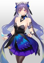 Rule 34 | 1girl, absurdres, bare shoulders, black dress, blush, bow choker, breasts, cleavage, closed mouth, cone hair bun, cup, diamond-shaped pupils, diamond (shape), double bun, dress, genshin impact, gradient background, hair bun, hair ears, hair ornament, highres, holding, holding cup, keqing (genshin impact), keqing (opulent splendor) (genshin impact), long hair, looking at viewer, multicolored clothes, multicolored dress, official alternate costume, official alternate hairstyle, pearl hair ornament, purple hair, smile, solo, strapless, strapless dress, symbol-shaped pupils, two-tone dress, yamanokami eaka