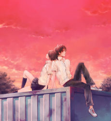 Rule 34 | 1boy, 1girl, back-to-back, bad id, bad pixiv id, blouse, collared shirt, container, couple, crate, fukahire (ruinon), hetero, rad, red sky, school uniform, shipping crate, shirt, sitting, skirt, sky, white shirt