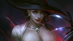 Rule 34 | 1girl, alcina dimitrescu, black hair, blood, breasts, cleavage, dark, dress, earrings, hat, highres, jewelry, licking lips, looking at viewer, makeup, necklace, resident evil, resident evil village, sariya asa, short hair, smirk, solo, sun hat, tongue, tongue out, white dress, yellow eyes