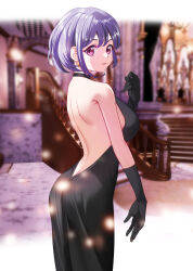 1girl 3d_background absurdres arched_back armpit_crease ass backless_dress backless_outfit bang_dream! bang_dream!_it&#039;s_mygo!!!!! bare_back bare_shoulders black_dress black_gloves blurry blurry_background breasts commentary cowboy_shot dopamine70 dress earrings evening_gown from_side gloves halter_dress halterneck hand_up highres indoors jewelry large_breasts letterboxed light_particles looking_at_viewer looking_to_the_side outside_border parted_lips pink_eyes purple_hair short_hair shoulder_blades sideboob sideways_glance sleeveless sleeveless_dress smile solo stairs standing symbol-only_commentary yuutenji_nyamu