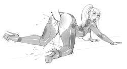 Rule 34 | all fours, ass, blush, bodysuit, breastless clothes, breasts, breasts out, clothed sex, crotchless, cum, cum in pussy, cumdrip, disembodied penis, fingernails, greyscale, high heels, highres, lips, lm (legoman), long fingernails, metroid, monochrome, nintendo, nipples, no panties, open mouth, penis, platform footwear, platform heels, ponytail, rolling eyes, samus aran, sex, solo focus, stiletto heels, trembling, uncensored, vaginal, zero suit