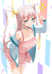 Rule 34 | 1girl, arm behind back, blue choker, blue eyes, blue jacket, choker, circle, collarbone, commission, covered navel, dress, earrings, frilled dress, frills, highres, indie virtual youtuber, jacket, jewelry, multicolored background, multicolored hair, open clothes, open jacket, pink dress, pink hair, pink nails, ramachiru, skeb commission, smug, solo, star (symbol), star earrings, star print, streaked hair, two side up, ushio ebi, v, zipper, zipper pull tab