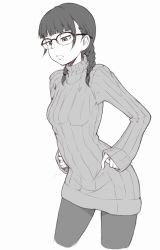 Rule 34 | 1girl, braid, cowboy shot, glasses, greyscale, hands on own hips, ina (gokihoihoi), jitome, long sleeves, monochrome, original, pantyhose, ribbed sweater, simple background, solo, sweater, turtleneck, turtleneck sweater, twin braids, white background